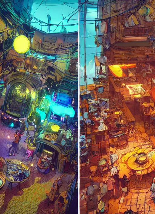 Image similar to bazaar zouk oriantal full color sky shine place mosquet painting digital illustration hdr stylized digital illustration video game icon global illumination ray tracing advanced technology that looks like it is from borderlands and by feng zhu and loish and laurie greasley, victo ngai, andreas rocha, john harris