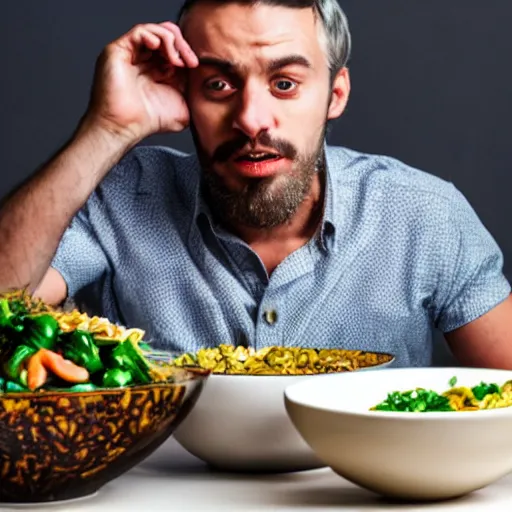 Image similar to man eating many bowls of rich as people around him panic