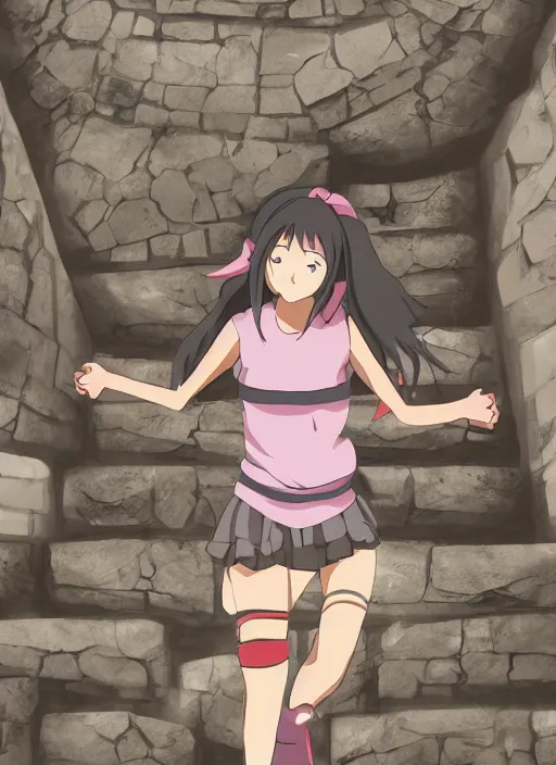 Image similar to anime scene, a girl climbing a stone stairway with desperation, full body perspective, Madhouse Animations