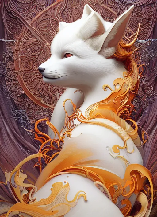 Image similar to white kitsune in autumn color kimono with art nouveau swirls, subsurface scattering, by jesper ejsing, justin gerard, tomasz alen kopera, cgsociety and fenghua zhong, highly detailed, rim light, cinematic lighting, illustration, art, octane render, very coherent, cinematic, hyper realism, high detail, octane render, 8 k