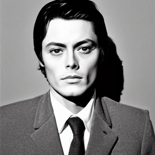 Image similar to stunning symmetrical portrait of alain delon in front of a tall moog synthesizer, high contrast grainy blank and white photography print ilford warm tone