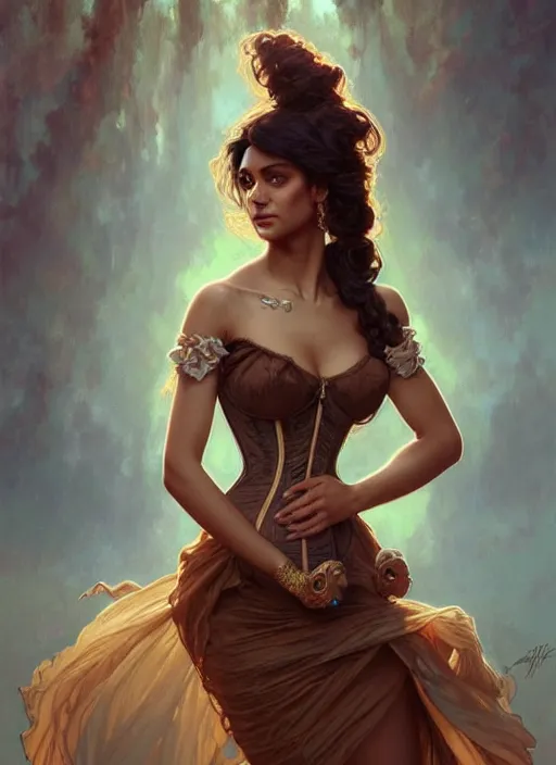 Image similar to cute brown woman wearing a translucent corset dress, fantasy, intricate, highly detailed, digital painting, artstation, concept art, wallpaper, smooth, sharp focus, illustration, art by artgerm and greg rutkowski and alphonse mucha