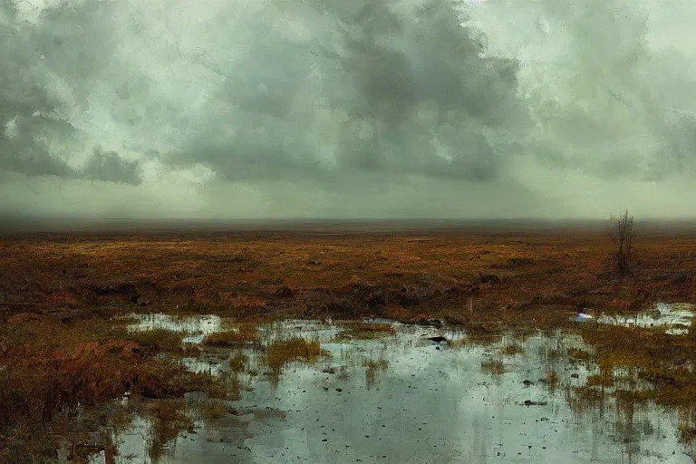 Image similar to painting of estonian bog landscape, by jeremy mann and greg rutkowski, dramatic, cinematic light, green, brown, blue, oil on canvas