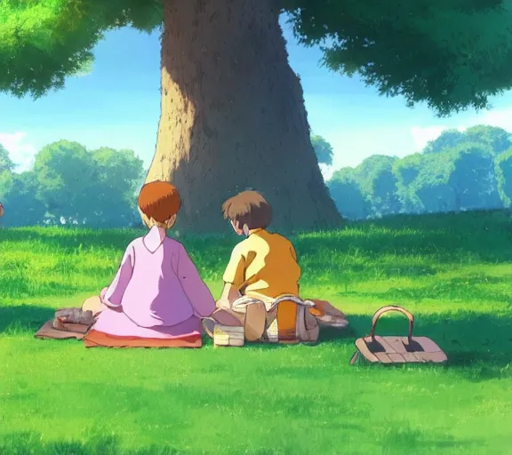 Image similar to a wholesome animation key shot of a girl and boy sitting together under a tree, having a picnic, boy and girl!!, studio Ghibli, Pixar and Disney animation, sharp, very detailed, high resolution, by Raphael LaCoste and Ruan Jia and Robert McCall, postcyberpunk, geodesic, hyperdetailed, sunrise, wide shot, autochrome, octane render, inspired by Hayao Miyazaki, anime key art by Greg Rutkowski, Bloom, dramatic lighting