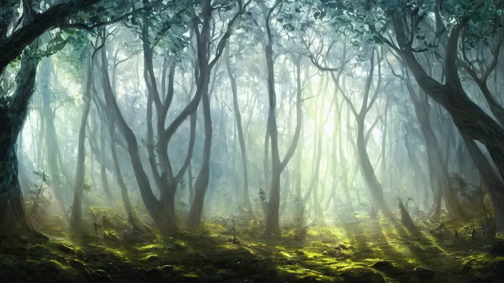 Image similar to The most beautiful painting in the world; an oil painting of a hauntingly beautiful elven forest in the morning; rays of light coming through the canopy; trending on artstation; extraordinary masterpiece!!!!!!; 8k