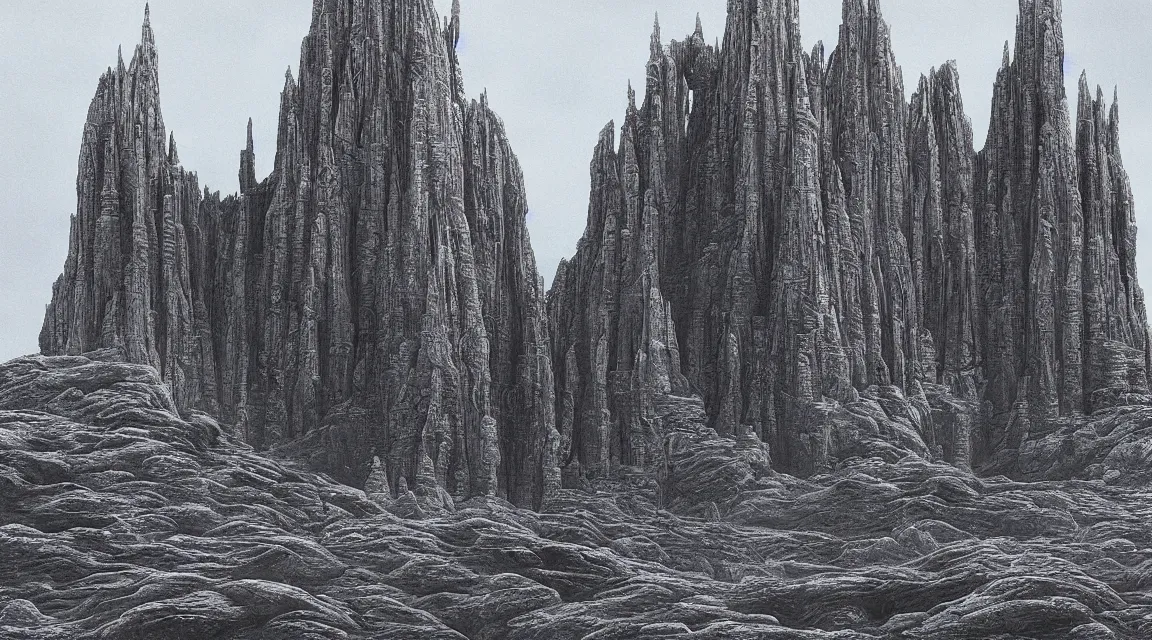 Image similar to stunning large format photograph, beautiful cinematic perspective of an incredible ultra detailed architectural masterpiece towering alien castle on a craggy grey moon inspired by moebius, strange gigantic mesas, distant mountains, soft black psychedelic haze in the sky, photographed in the style of denis villeneuve and greig fraser, Arri Alexa LF, crisp detailed ground, soft sky, visual effects and composite by ILM, 10k with IMAX