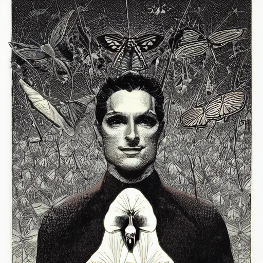 Image similar to a guy, moths on face, by virgil finlay, by kilian eng,