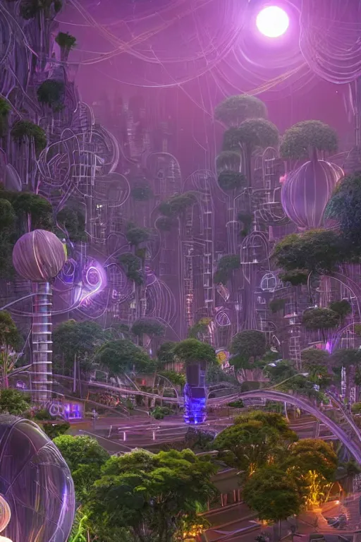 Prompt: extremely detailed awe stunning beautiful futuristic smooth organic city at night, translucent orbs, hyper real, lush flowery greenery, 8k, colorful, 3D cinematic volumetric light, atmospheric light, studio ghibli inspired, fantasy LUT, high contrast, epic composition, sci-fi, dreamlike, surreal, angelic, by Moebius,