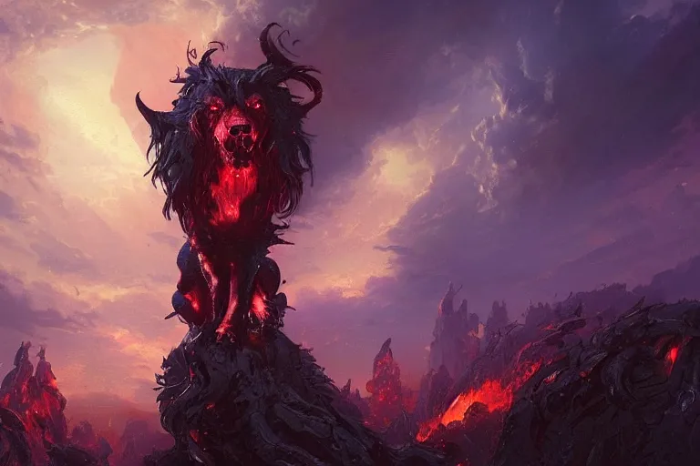 Prompt: a amazing picture of cerberus, hell, purple fire, sky, a boy, by greg rutkowski and thomas kinkade, trending on artstation