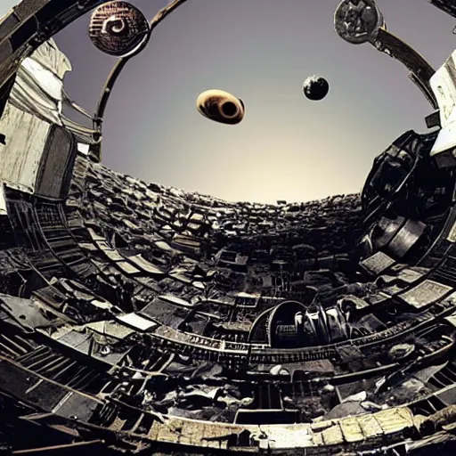 Image similar to a space junkyard forming a tilted disk in black starless space, a graveyard of space stations and giant space structures, dark sci - fi movie