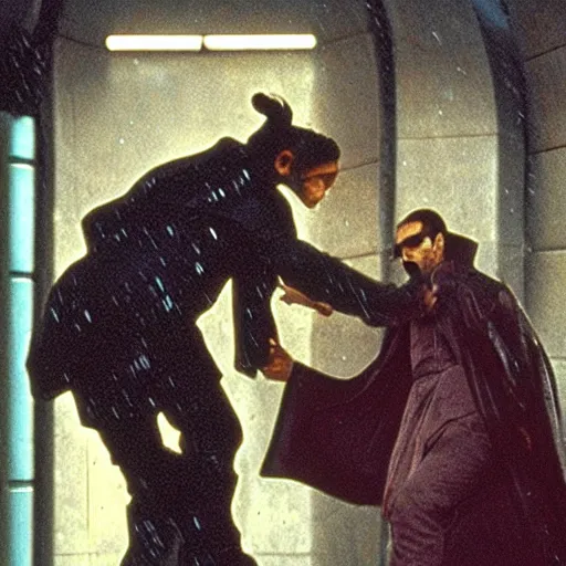 Image similar to the iconic matrix fight between neo and jar jar binks in the rain