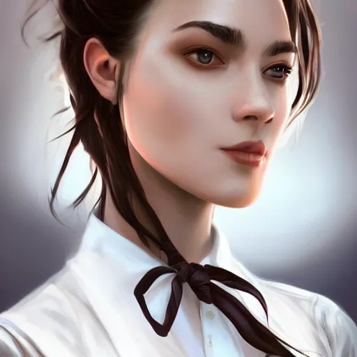 Image similar to epic portrait an woman wearing a white blouse with short sleeves and a black tie, beauty, pretty face, glossy skin, brown tied hair, digital painting, artstation, concept art, soft light, hdri, smooth, sharp focus, illustration, fantasy, intricate, elegant, highly detailed, D&D, matte painting, in the style of Greg Rutkowski and Alphonse Mucha and artemisia, 8k, highly detailed, jurgens, rutkowski, bouguereau, pastoral, rustic, georgic, detailed concept art, illustration, colorful pastel, painting, detail, ultra detailed, digital art, 4K,