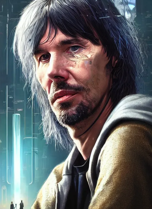 Image similar to portrait of professor Brian Cox as a homeless character in Cyberpunk 2077, looking at camera, intricate, dystopian, sci-fi, extremely detailed, digital painting, artstation, concept art, smooth, sharp focus, illustration, intimidating lighting, incredible art by artgerm and greg rutkowski and alphonse mucha and simon stalenhag