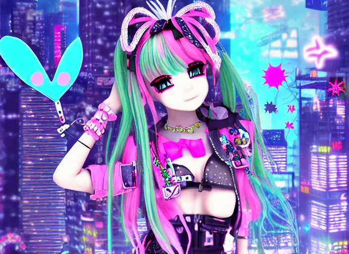 Image similar to 3 d anime render of a decora gyaru kawaii cybergoth emo fashion model vtuber, in a cyberpunk blade runner maximalist city of my melody sanrio plushies, artstation cgsociety