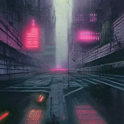 Image similar to cyberpunk cityscape, neon lights and heavy fog, flying cars, dark atmosphere, beksinski, jeremy mann, 1 9 7 0 s star wars style, detailed