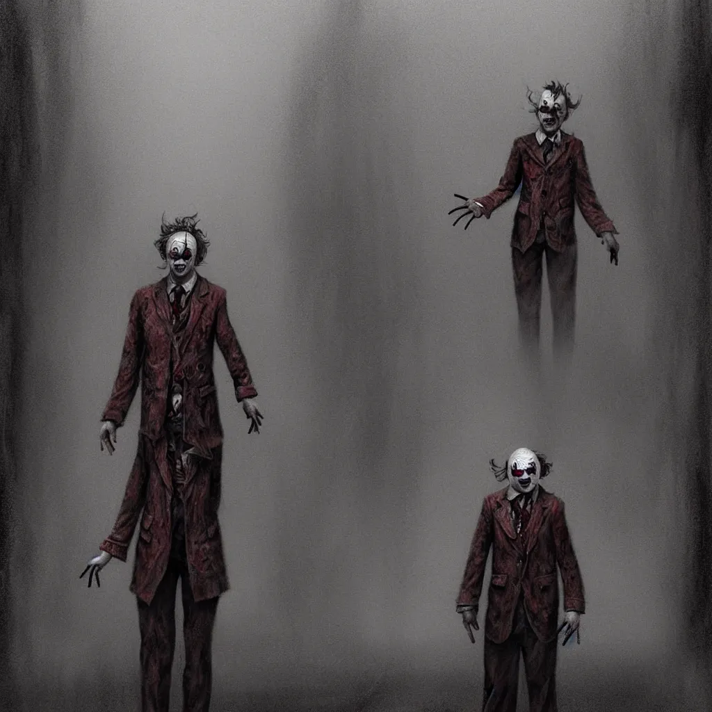 Image similar to James Sunderland from Silent Hill 2 dressed as a clown standing in a foggy street, intricate, elegant, sharp focus, illustration, highly detailed, digital painting, concept art, matte, art by Masahiro Ito