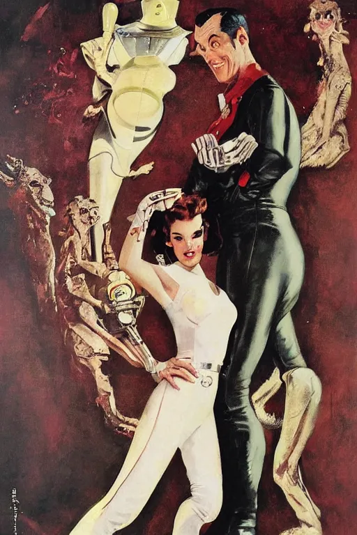 Image similar to 5 0 s pulp scifi fantasy illustration full body portrait elegant woman wearing latex spacesuit standing beside monster, by norman rockwell, edd cartier, roberto ferri, jack kirby, earle bergey, ruan jia, jason fabok, tom lovell, frank r paul, dean cornwell, astounding stories, amazing, fantasy, other worlds