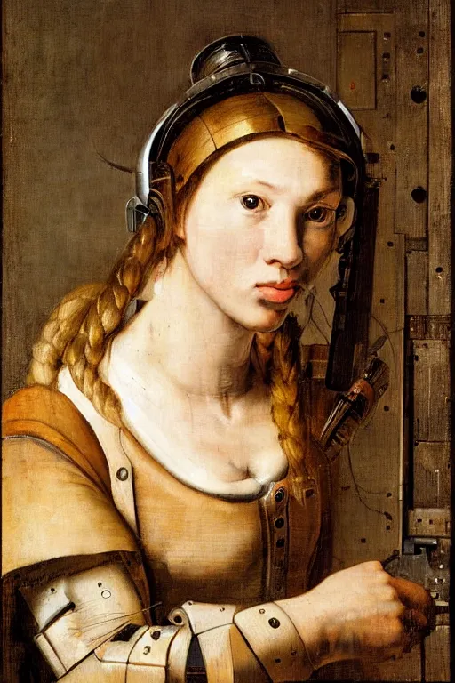 Image similar to a close - up portrait of a cyberpunk cyborg girl, by jan steen, rule of thirds