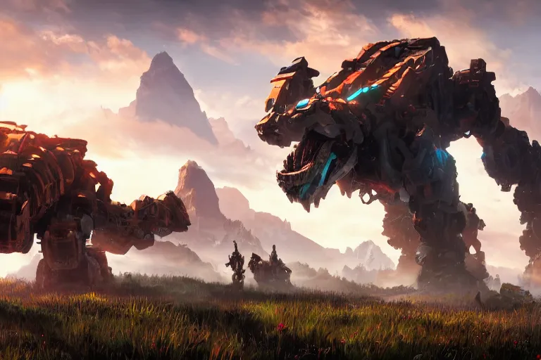 Image similar to tremortusk machine mecha animal beast robot of horizon forbidden west horizon zero dawn bioluminiscence global illumination ray tracing hdr fanart arstation by sung choi and eric pfeiffer and gabriel garza and casper konefal