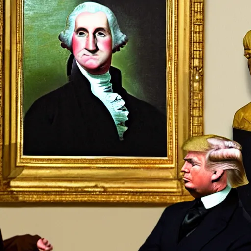 Prompt: painting of george washington doing a dab pose as donald trump watches and cries