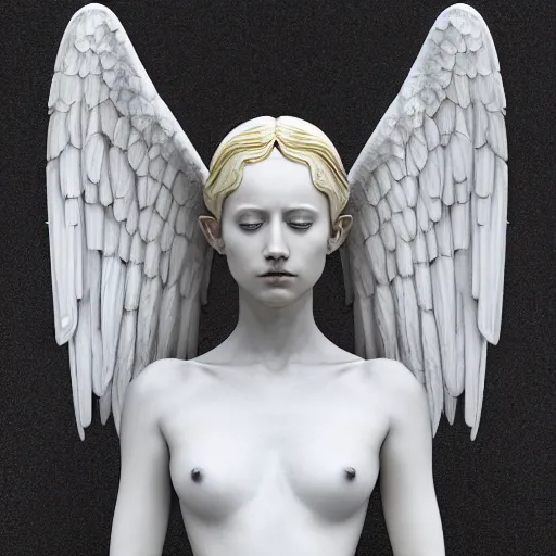 Image similar to a statue made of white marble with gold veins, of an beautiful angel girl, perfect symmetrical body, perfect symmetrical face, no eyes, hyper realistic, hyper detailed, fujicolor superia 1 6 0 0 photo, full body shot, by peter kemp, by monia merlo octane render, blender, 8 k