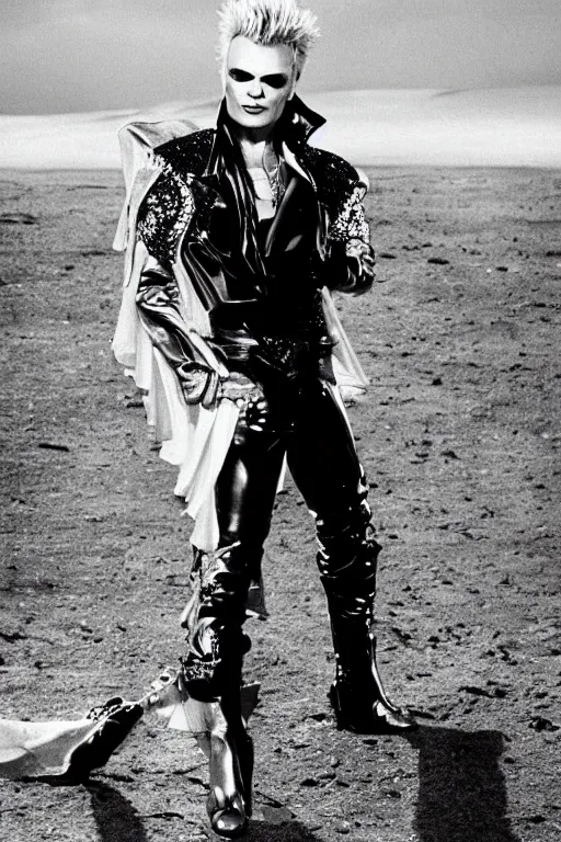 Image similar to portrait billy idol dressed in 1 9 8 1 space fantasy fashion, avante garde, shiny metal, standing in a desert