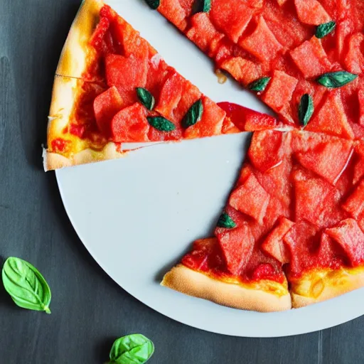 Prompt: pizza made from watermelon with a watermelon-like crust