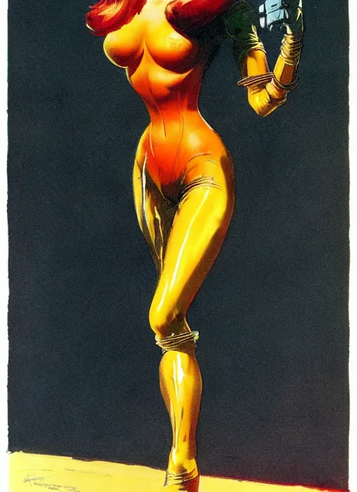 Prompt: female android, rusty hair, glowing skin, prosthetic arm, strong line, bright vibrant color, beautiful! coherent! by frank frazetta, high contrast, minimalism