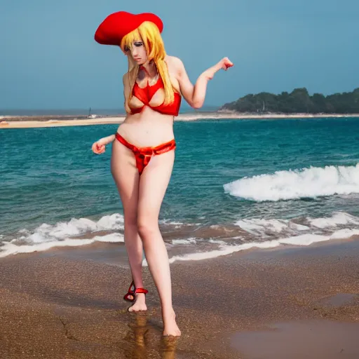 Prompt: photograph of a cute girl cosplaying as Nami from One Piece standing on a beach, cosplay, photo by Mert and Marcus