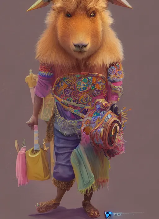 Image similar to detailed full body concept art illustration colorful pastel fantasy painting of a capybara merchant in full intricate clothing, ultra detailed, digital art, octane render, 4K, dystopian, micro details