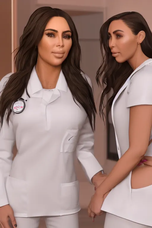 Prompt: riley reid hugging kim kardashian, kim wearing a nurse outfit, real photo, hospital interior, intricate, soft lighting, cinematic composition, hyper realistic, 8k resolution, unreal engine 5