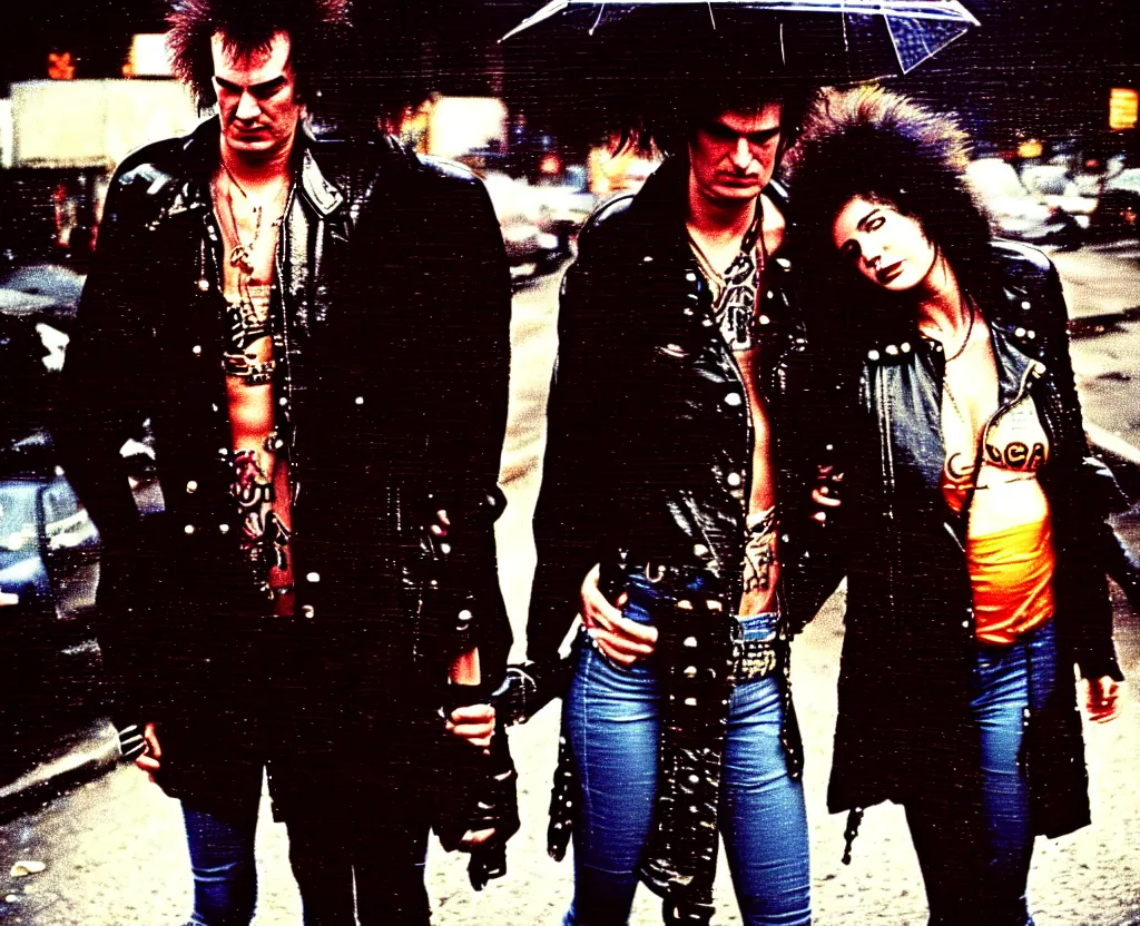 Prompt: closeup of Sid Vicious and Nancy on the lower east side by Alex Cox, polaroid, raining!!!, nightime, colorful, 1970s, photorealistic, atmospheric,