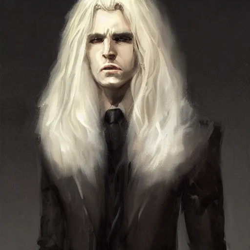 Image similar to Portrait of an androgynous man by Greg Rutkowski, he is about 30 years old, mixture between russian and irish, long fluffy blond curly hair, attractive, extremely pale white skin, smart looking, he is wearing a black futuristic lawyer outfit, highly detailed portrait, scifi, digital painting, artstation, concept art, smooth, sharp foccus ilustration, Artstation HQ