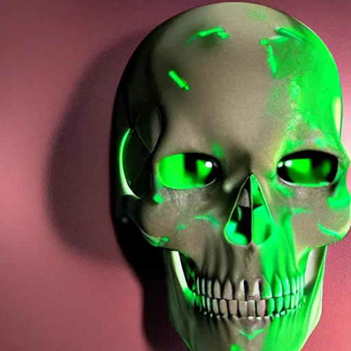 Image similar to ultra realistic Skull with Cyborg Implants and Green eyes scanning space for Sentient life