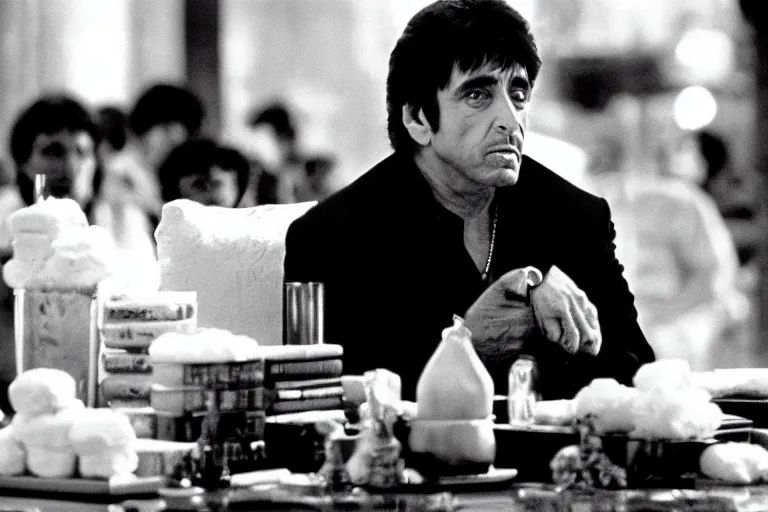 Image similar to tony montana from movie scarface 1 9 8 3 sitting behind a big black oak table with big large packages of flour. al pacino. perfect symmetric face, coherent eyes, close up, fine details, 4 k, ron cobb. last scene from scarface movie, bokeh