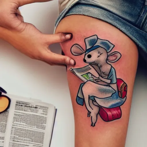 Prompt: tatoo on girl's leg with cute rat reading newspapper sitting on magic mushroom