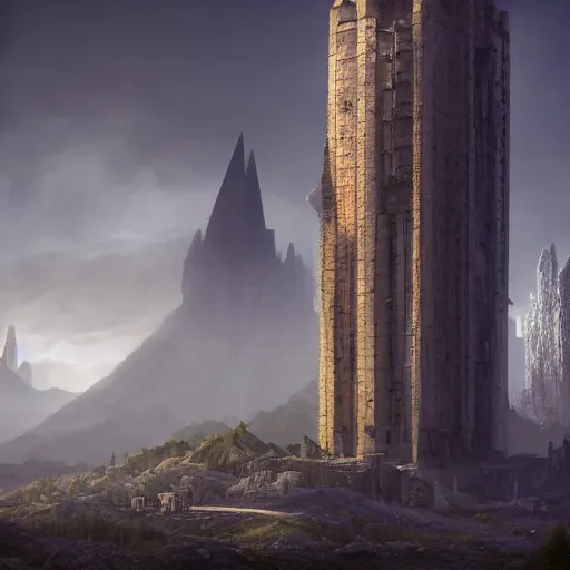 Image similar to one gigantic brutalist ancient tower, a detailed structure with at the top 3 spires in form of a trident, 1 0 0 0 meters tall set against sunlit, surrounded by smoke, mountains and a huge old city, 8 k, volumetric lighting, cinematic composition, octane render, dark surrealism, highly detailed by peter mohrbacher