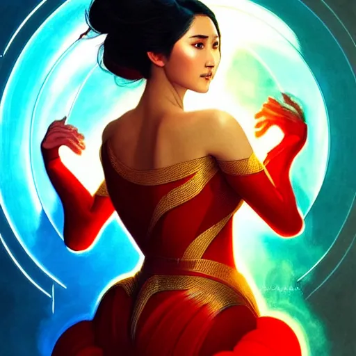 Image similar to heart evangelista as darna, volumetric lights, red and cyan theme, art nouveau botanicals, intricate, highly detailed, digital painting, artstation, concept art, smooth, sharp focus, cinematic, illustration, beautiful face, art by artgerm and greg rutkowski and alphonse mucha