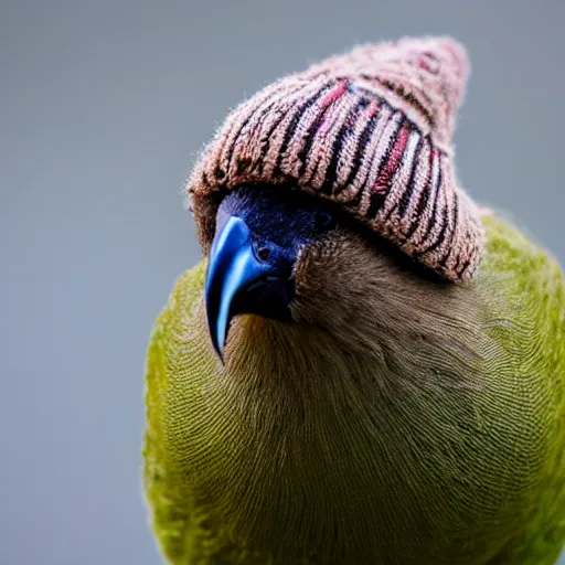 Image similar to a kiwi bird wearing a wooly hat! Ultra realistic! 25mm f/1.7 ASPH Lens!