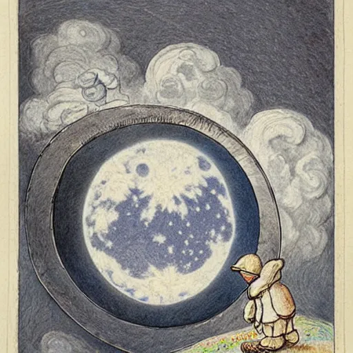 Image similar to dan morris celestial thinking moon portrait, surrounded by clouds, illustrated by peggy fortnum and beatrix potter and sir john tenniel