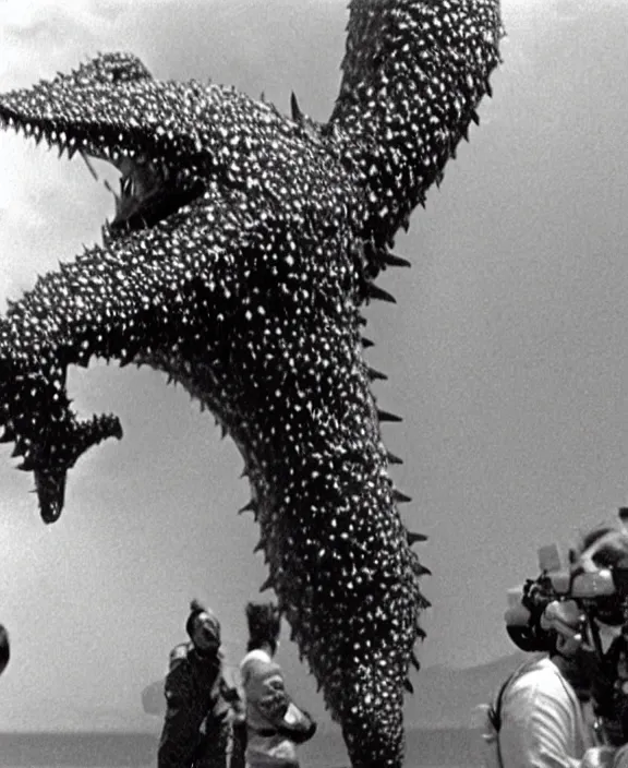 Image similar to a close-up view of Pulgasari the North Korean starfish monster, filmstill, produced by Kim Jong-il, Kodachrome, kaiju-eiga, monster movie, communist propaganda, film noir, 35mm film grain, Cooke Varotal 20-100mm T3.1, in the style of Ishirō Honda and Stanley Kubrick