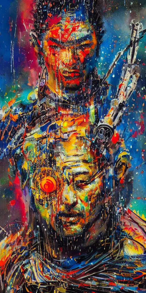 Prompt: portrait of a cyberpunk samurai with a glowing katana, by jackson pollock and wassily kandinsky, 4 k resolution, vivid colours, extremely detailed, dripping technique, oil paint, depth