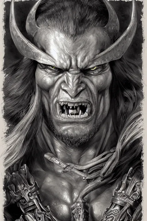 Image similar to portrait of a hulking herculean orc demon barbarian pirate, male, masculine, upper body, belt of skulls, fantasy, frown,, intricate, elegant, highly detailed, digital painting, artstation, concept art, sharp focus, illustration, art by artgerm and greg rutkowski and alphonse mucha