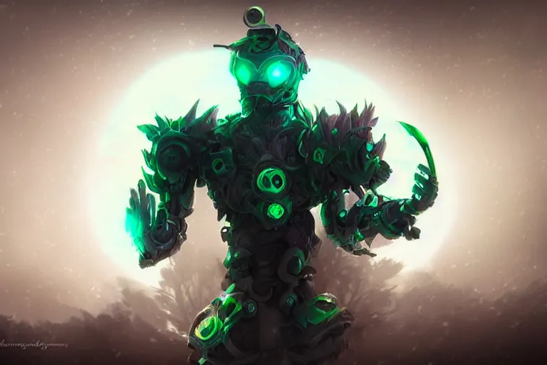 Image similar to a robotic tree humanoid, cute, dark fantasy, foggy, misty, ambient lights, dark lights, moon glow, digital art, video game character, league of legends, glows,