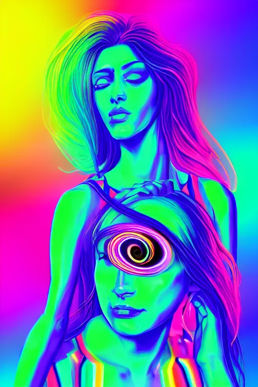 Image similar to a award winning half body portrait of a beautiful woman with stunning eyes in a croptop and cargo pants with rainbow colored ombre hairstyle head in motion and hair flying by thomas danthony, surrounded by whirling illuminated neon lines, outrun, vaporware, shaded flat illustration, digital art, trending on artstation, highly detailed, fine detail, intricate