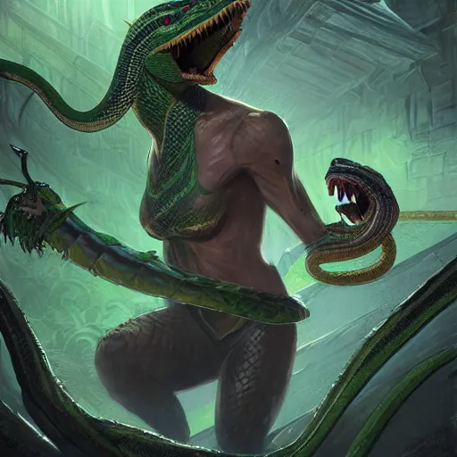 Prompt: a green snake-head female assassin, snake-head female assassin, snake-head female assassin, with the head of a snake, snake head, snake mouth, snake head, snake fangs, snake fangs, green theme, epic fantasy digital art, fantasy style art, by Greg Rutkowski, fantasy hearthstone card art style