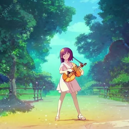 Prompt: cell shaded key visual of a young girl playing the violin in the style of studio ghibli, moebius, makoto shinkai,