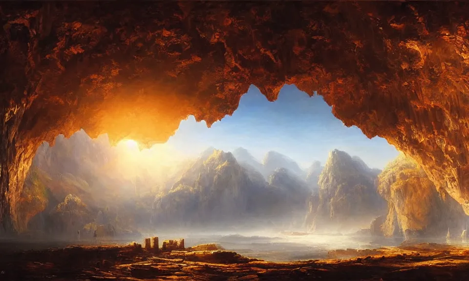 Prompt: the most beautiful panoramic landscape, oil painting, huge and majestic city underground, in a giant cave with a floating sun, epic, vast, cinematic lighting, highly detailed, very realistic