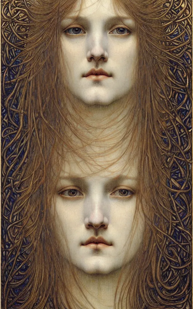 Image similar to detailed realistic beautiful young medieval queen face portrait by jean delville, gustave dore and marco mazzoni, art nouveau, symbolist, visionary, gothic, pre - raphaelite. horizontal symmetry