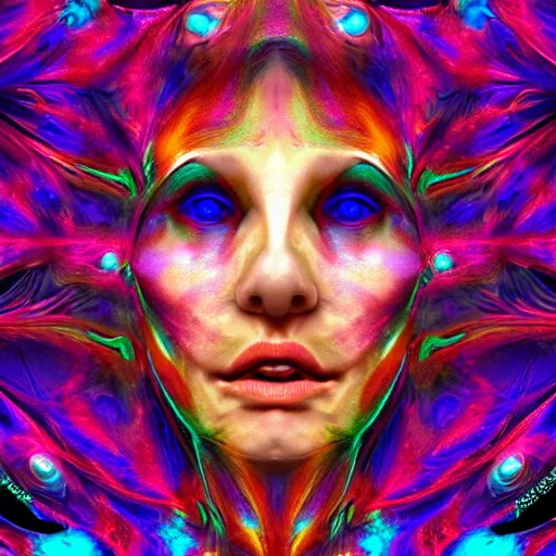 Prompt: hyperrealistic psychedelic nightmare fractal face render in style of laura borealisis | photorealistic, cgsociety, glossy, liquid, vivid colours 4 k